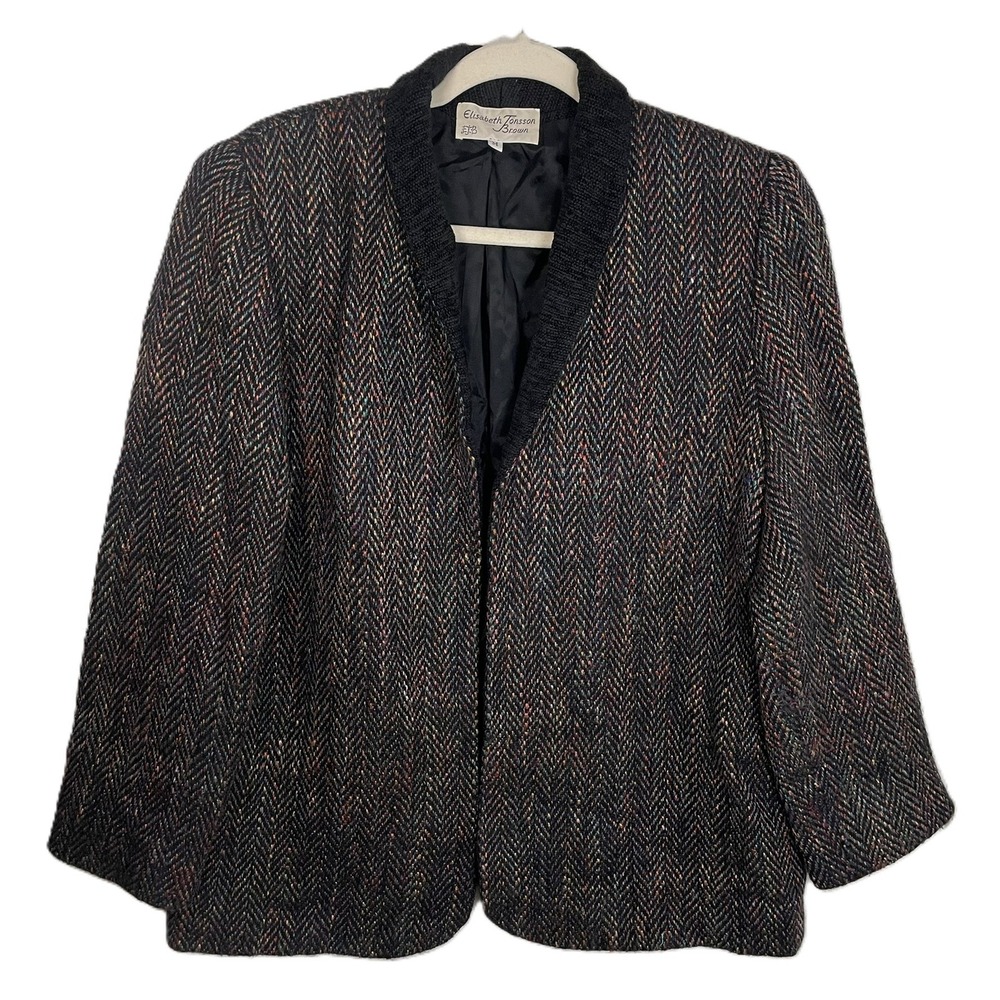 Elisabeth Jönsson‎ Brown Med Tweed Herringbone Jacket Shawl Collar Open Front